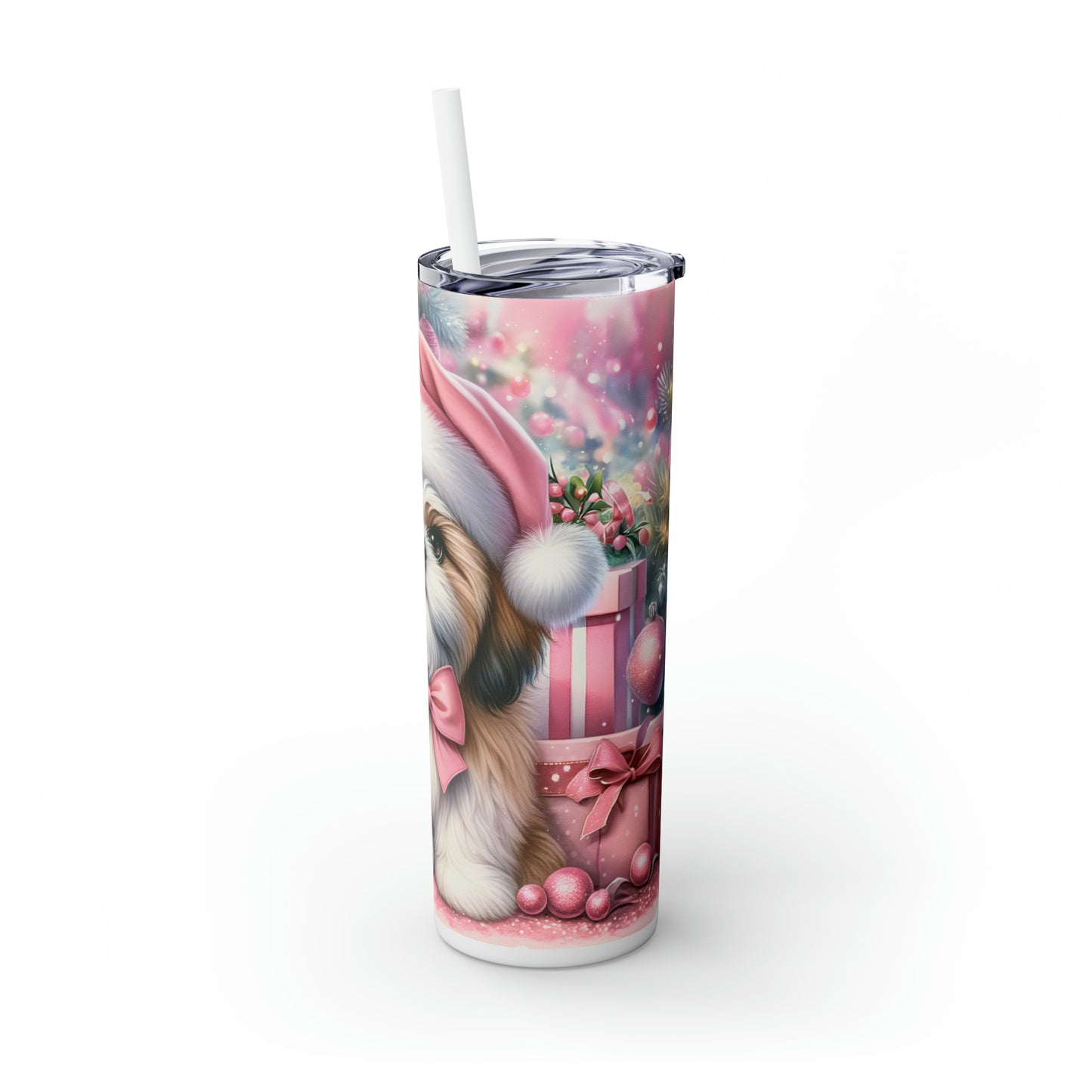 Skinny Tumbler with Straw, 20oz, Christmas Cute Puppy - Shiatzu