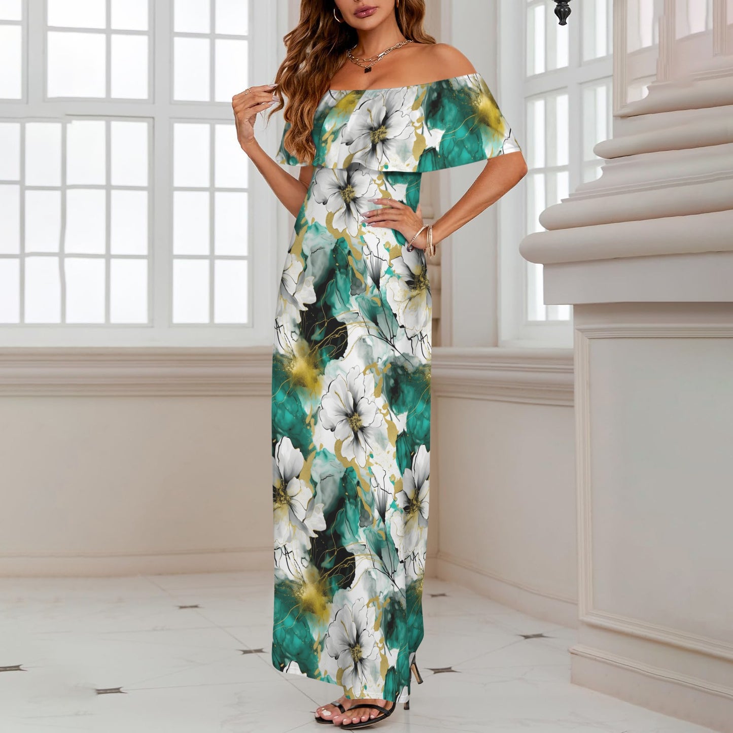 Green and White Ink Floral Women's Off Shoulder Ruffle Boat Neck Dress (Model D71)