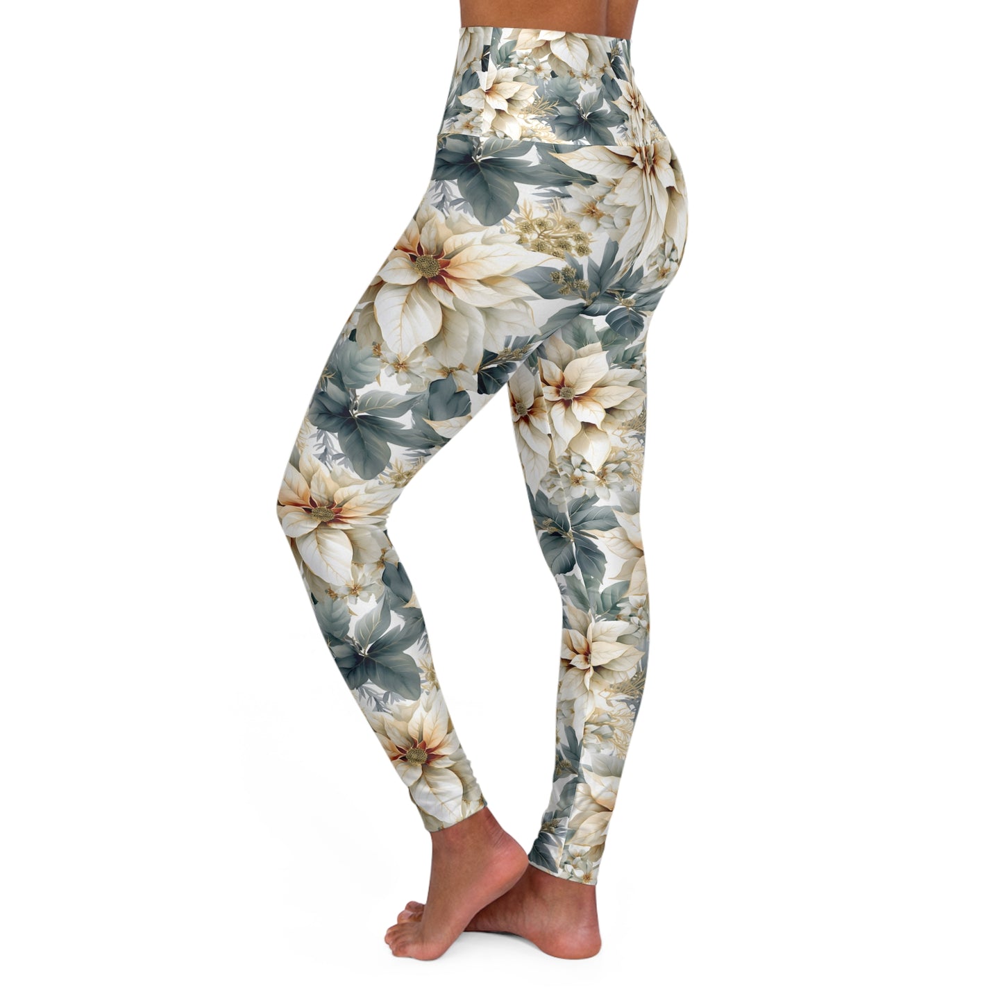 High Waisted Yoga Leggings White Poinsettia Lge Flower