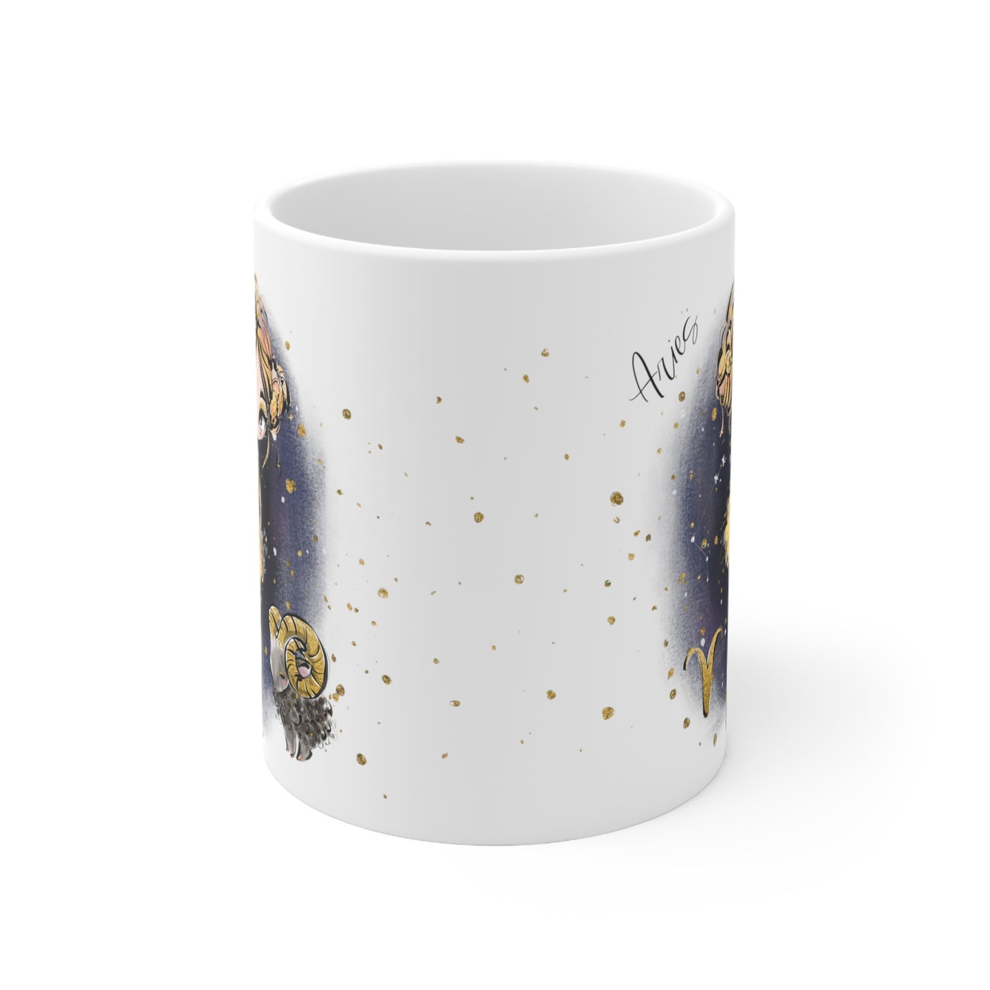 Personalised/Non Personalised Zodiac Sign, Aries, Ceramic Mug 11oz Blonde Hair - Brown Eyes