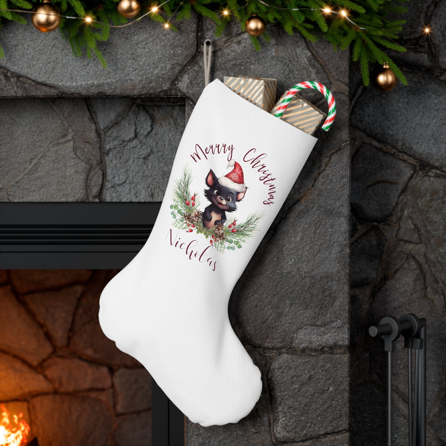 Personalised Santa Stocking, Australian Animals Poinsettia, Tasmanian Devil