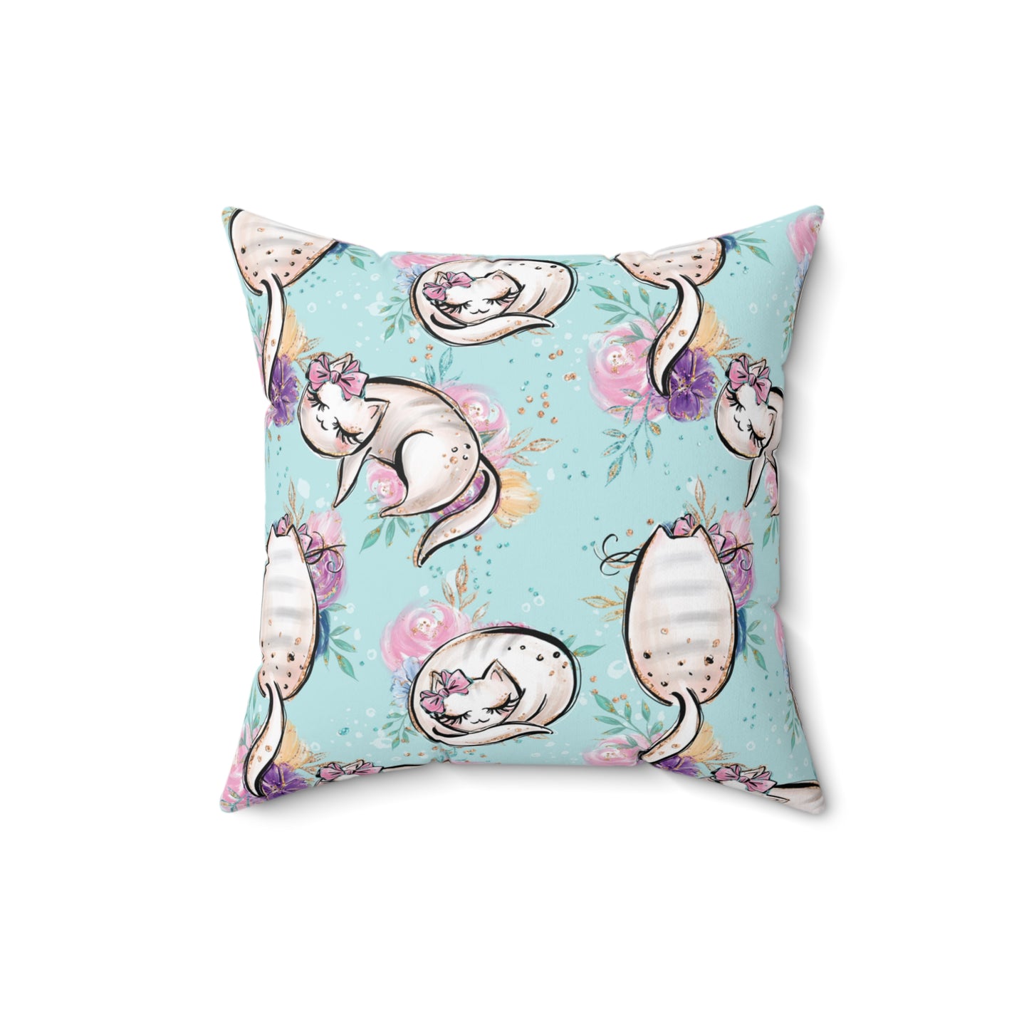 Spun Polyester Square Pillow, Cats Floral Cushion