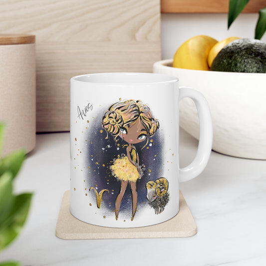 Personalised/Non Personalised Zodiac Sign, Aries, Ceramic Mug 11oz Blonde Hair - Blue Eyes - Bg