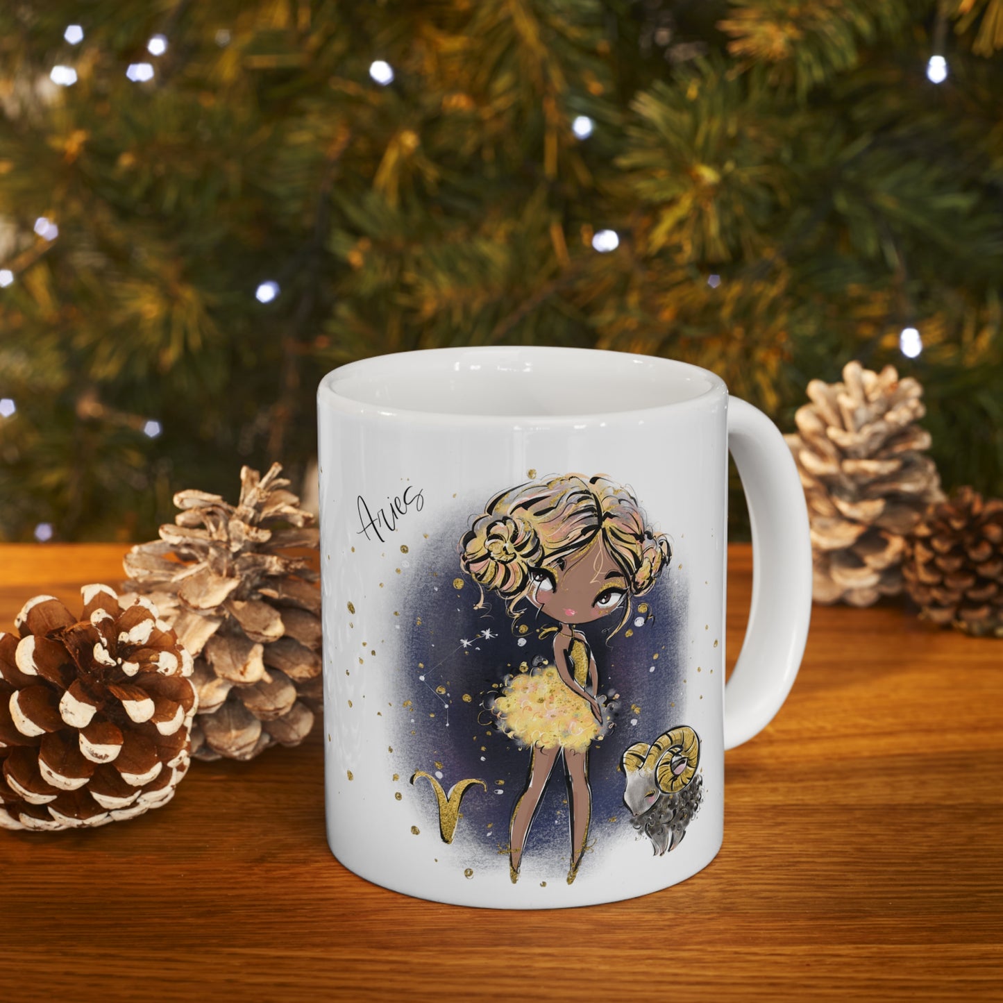 Personalised/Non Personalised Zodiac Sign, Aries, Ceramic Mug 11oz Blonde Hair - Olive Skin - Brown Eyes - Bg