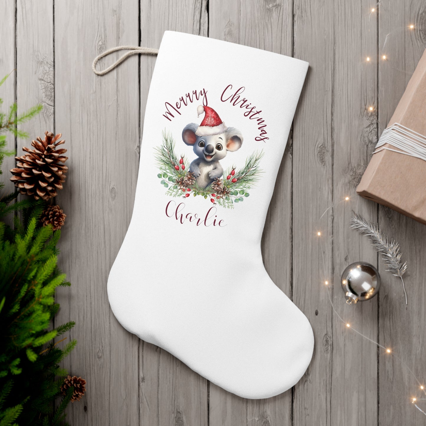 Personalised Santa Stocking, Australian Animals Poinsettia, Koala