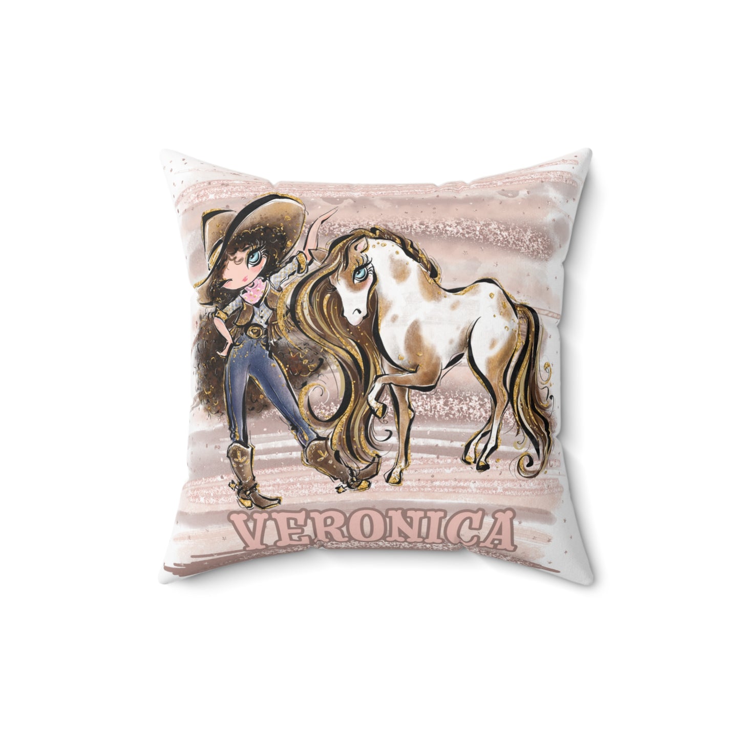 Personalised Cowgirl and Horse Cushion,  Brown Curly Hair, Blue Eyes, Polyester Square Cushion, Christmas cushion