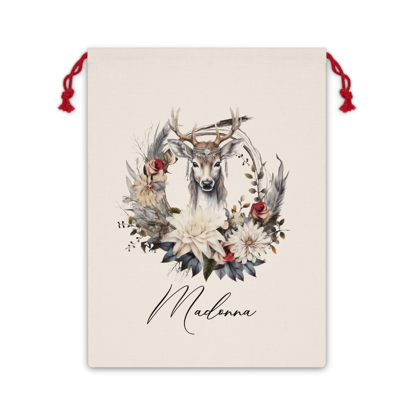 Boho Reindeer Personalised Santa Sack, Linen Bag