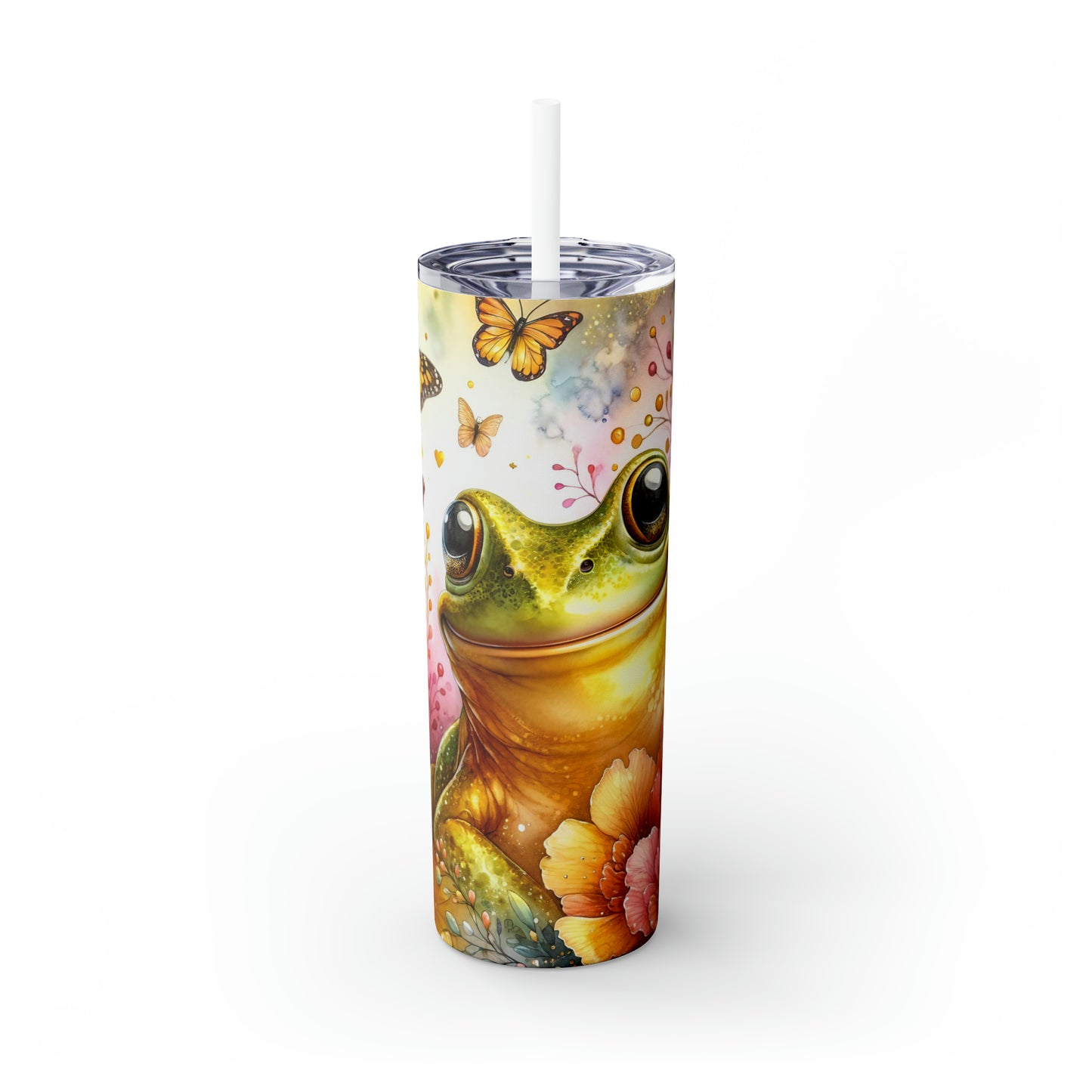 Skinny Tumbler with Straw, 20oz, Floral & Frog, awd-410