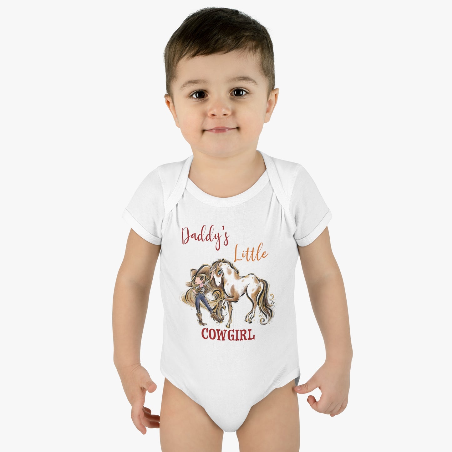 Infant Baby Rib Bodysuit, Daddy's Little Cowgirl baby Bodysuit, Cowboy Boots, Girl and Horse