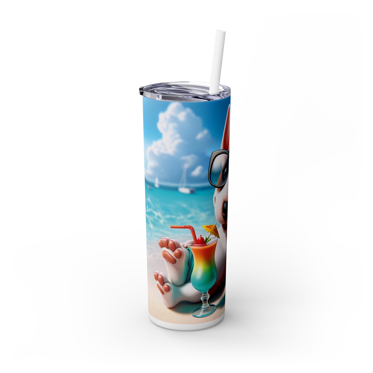 Skinny Tumbler with Straw, 20oz, Dog on Beach, Miniature Bull Terrier, awd-1224