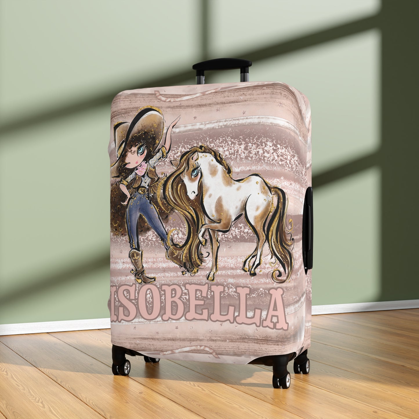 Luggage Cover, Howdy Cowgirl and Horse, Brunette Curly Hair Blue Eyes