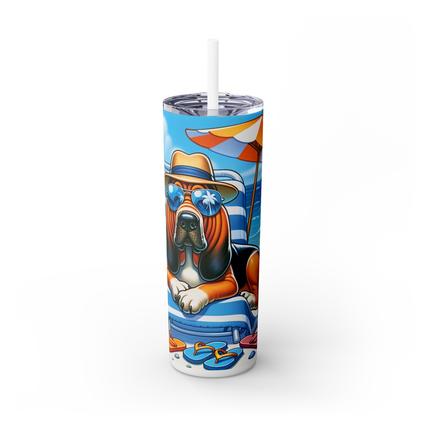 Skinny Tumbler with Straw, 20oz, Dog on Beach, Bloodhound, awd-1106