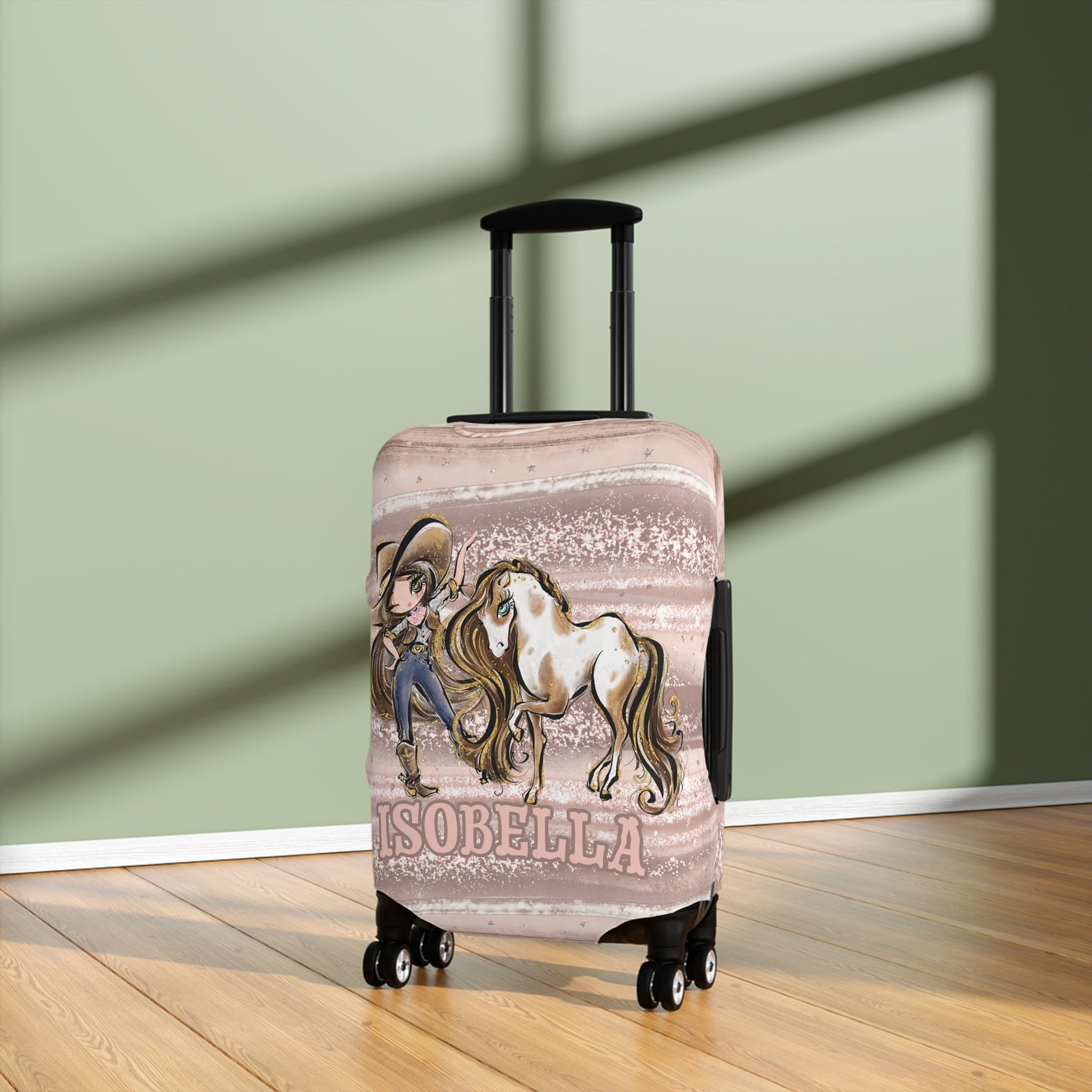 Luggage Cover, Howdy Cowgirl and Horse, Brunette Hair Brown Eyes