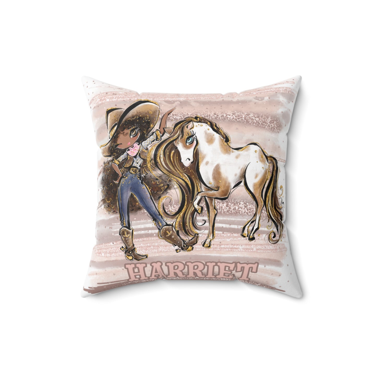 Personalised Cowgirl and Horse Cushion,  Brown Curly Hair, Olive Skin, Brown Eyes, Polyester Square Cushion, Christmas cushion