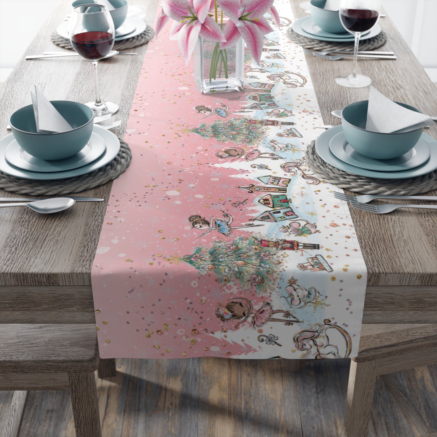 Pink Christmas Nutcracker Table Runner, Cotton Twill and Poly Available, 2 sizes Available