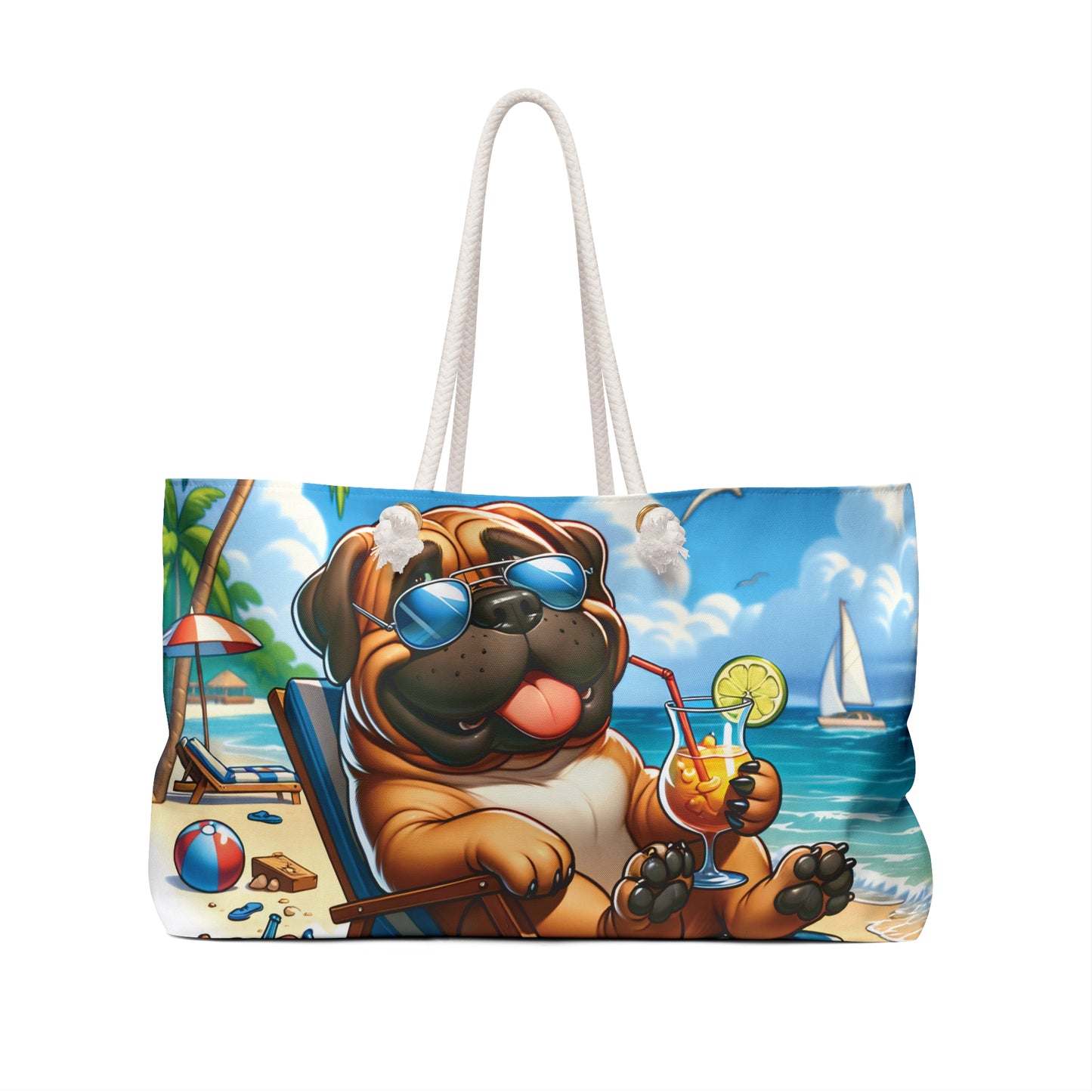 Personalised/Non-Personalised Weekender Bag, Summer Beach Dog, Bull Mastiff, Large Weekender Bag, Beach Bag, Book Bag