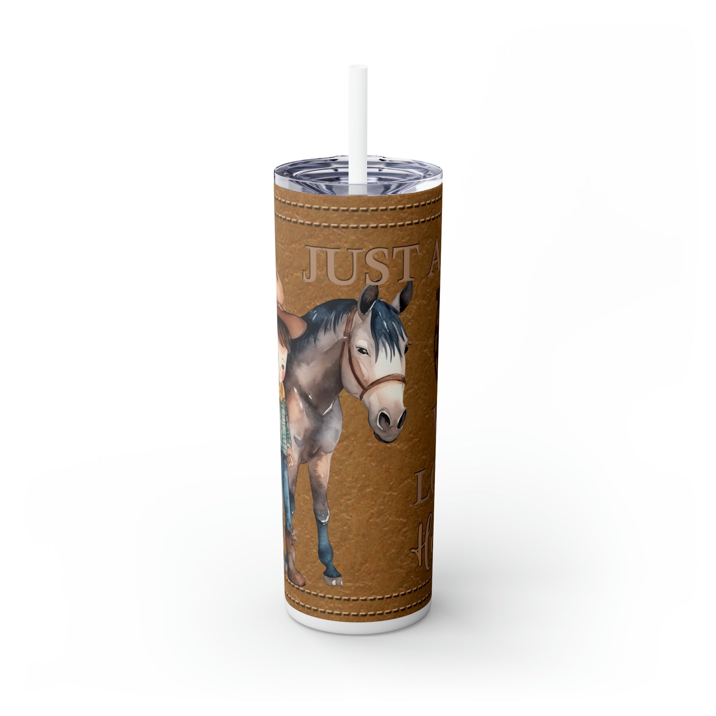 Skinny Tumbler with Straw, 20oz, Personalised, Horse and Boy, Western, Just a Boy Who Loves Horses