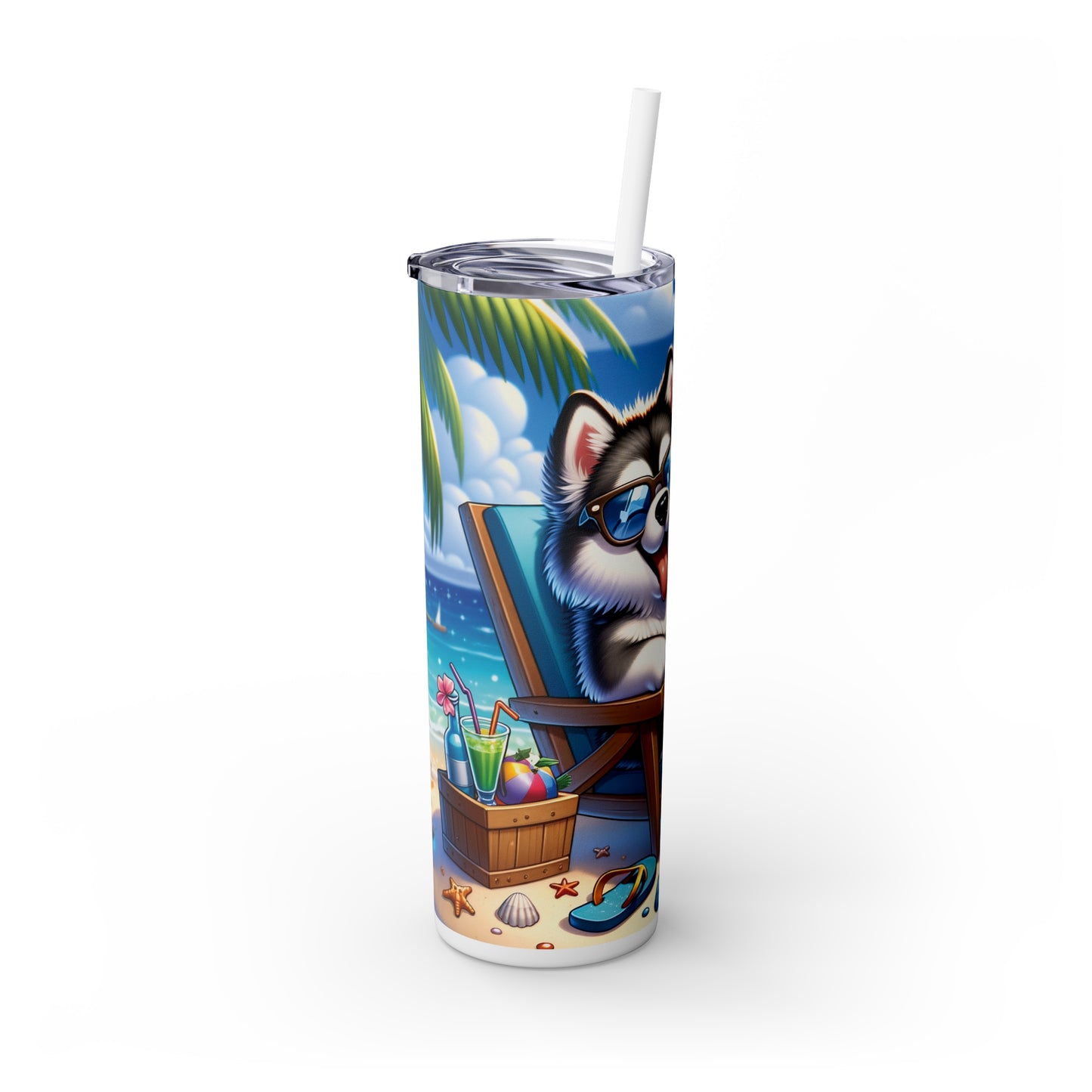 Skinny Tumbler with Straw, 20oz, Dog on Beach, Alaskan Malamute, awd-1116