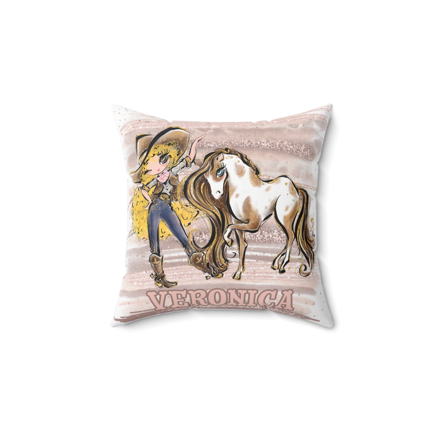 Personalised Cowgirl and Horse Cushion,  Blonde Curly Hair, Brown Eyes, Polyester Square Cushion, Christmas cushion