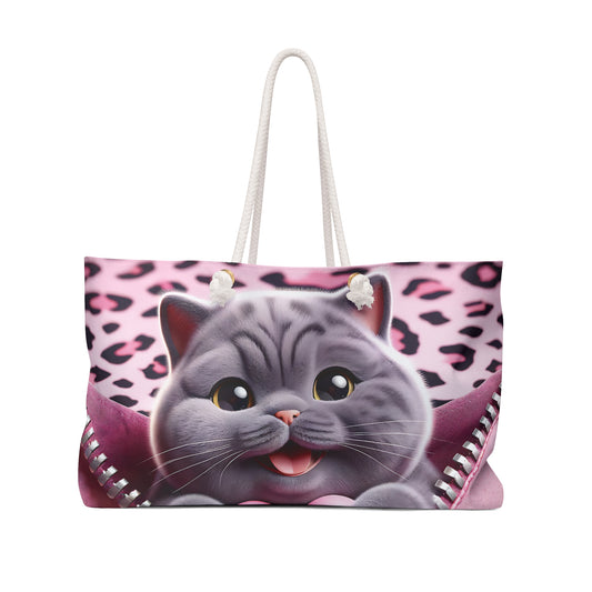 Personalised/Non-Personalised Weekender Bag, Cute Cat, Zipper, Valentines Day, Large Weekender Bag, Beach Bag, Book Bag