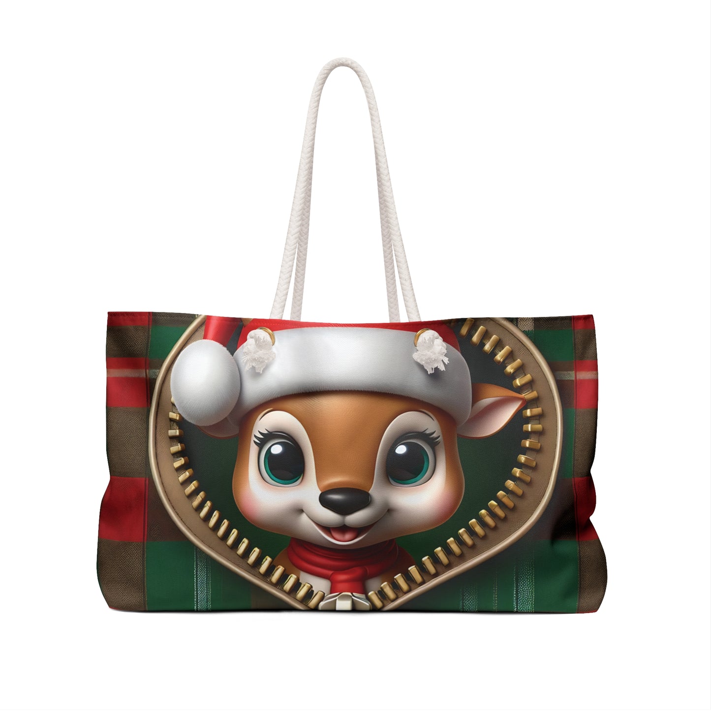 Personalised/Non-Personalised Weekender Bag, Cute Reindeer, Christmas, Tartan, Large Weekender Bag, Beach Bag, Book Bag