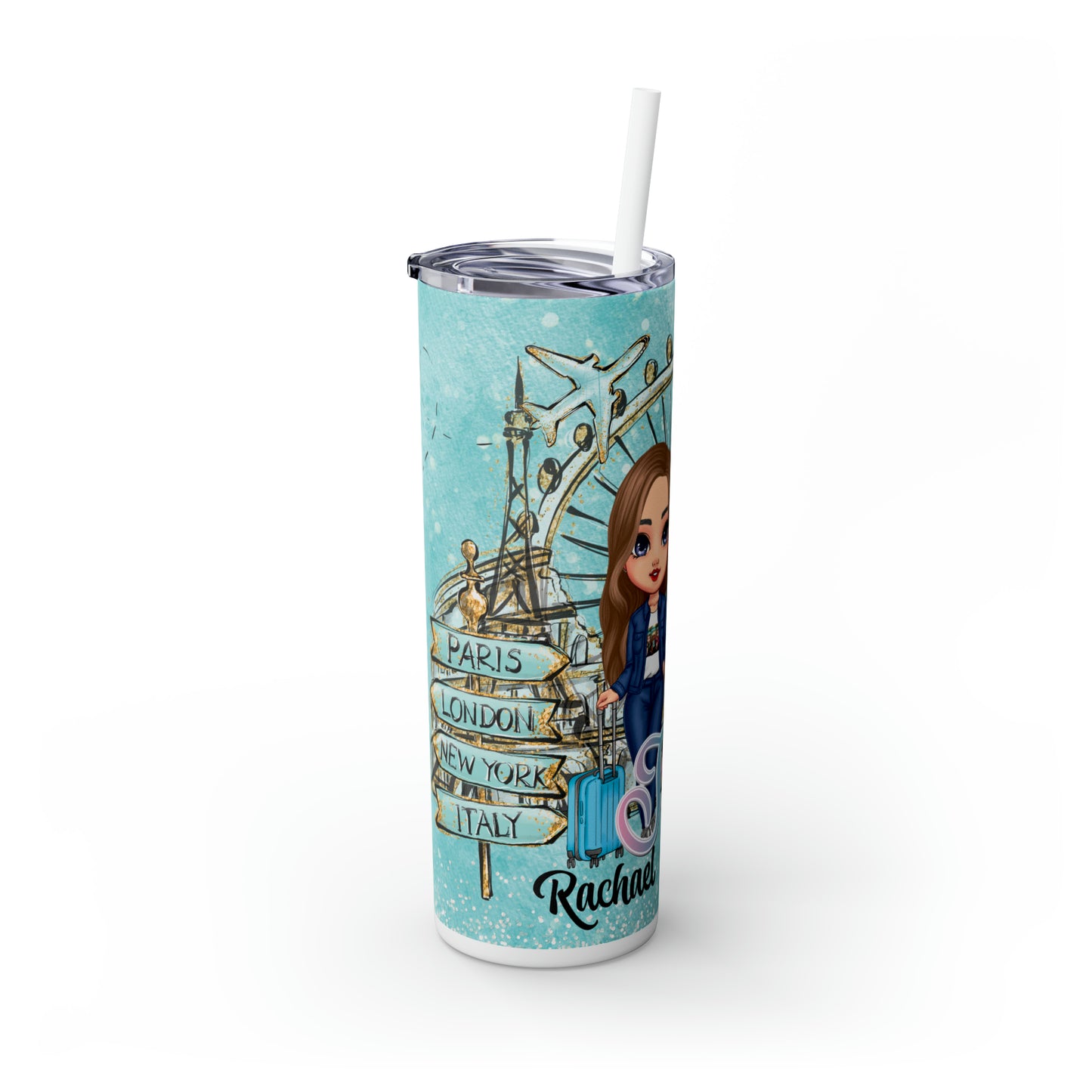 Skinny Tumbler with Straw, 20oz, Personalized, Just A Girl Who Loves Travelling, Brown Hair