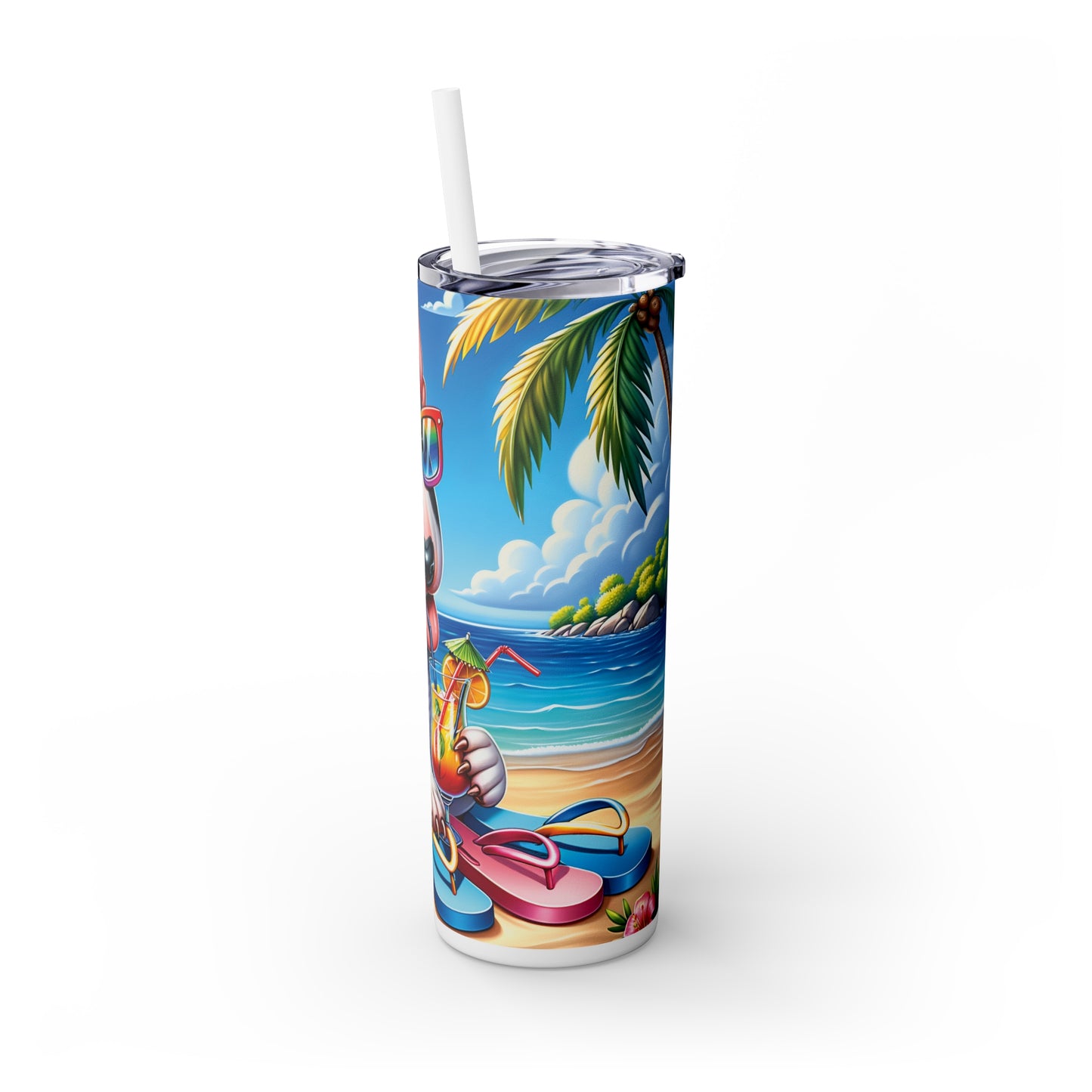 Skinny Tumbler with Straw, 20oz, Dog on Beach, Bull Terrier, awd-1201