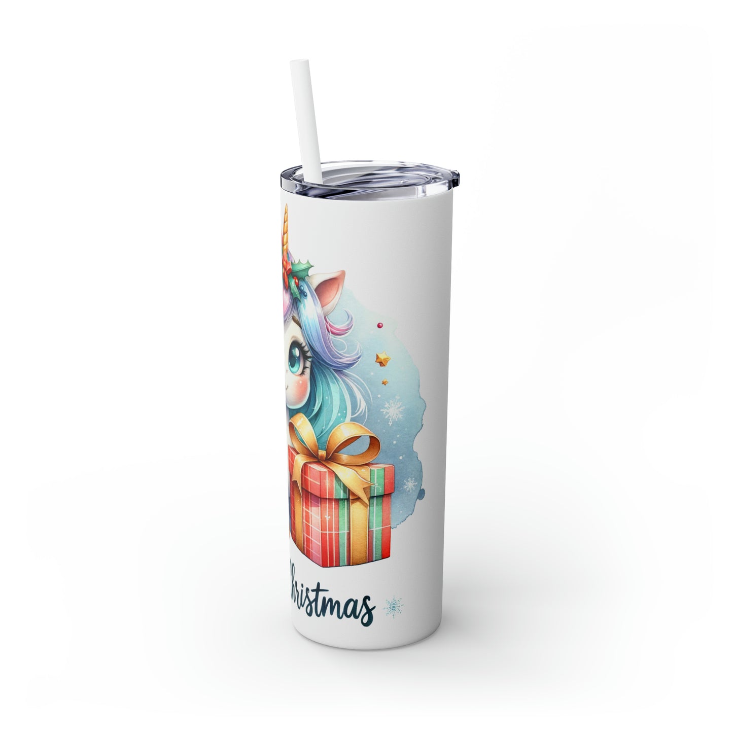 Skinny Tumbler with Straw, 20oz, Unicorn, Merry Christmas