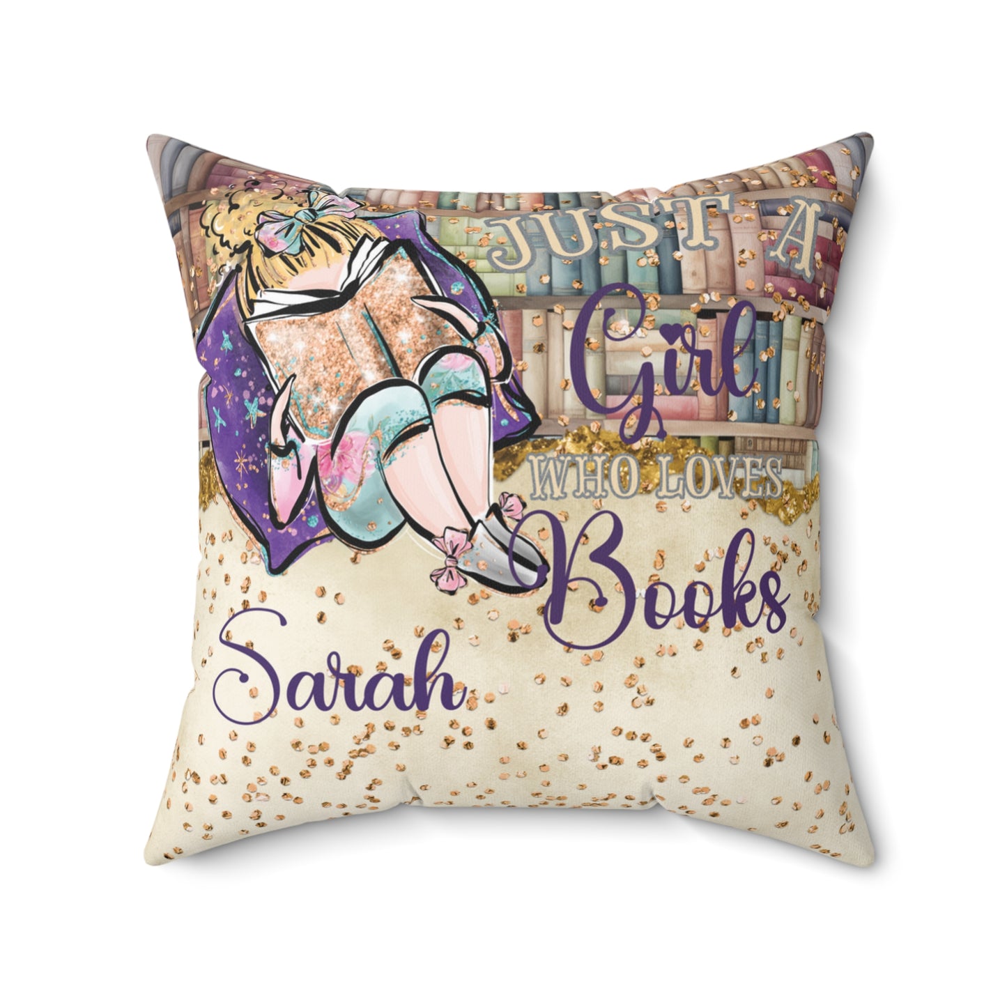 Polyester Square Pillow, Just a Girl who Loves Books, Blonde Hair