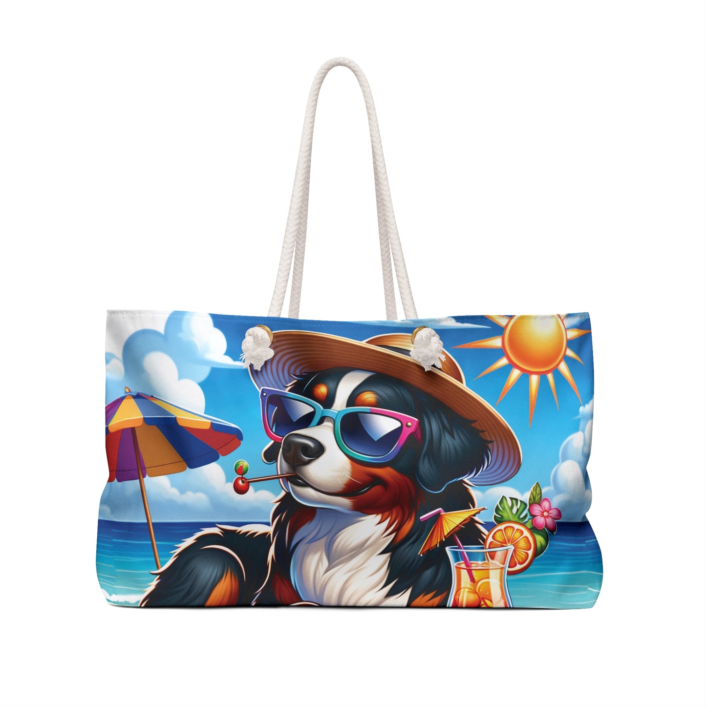 Personalised/Non-Personalised Weekender Bag, Summer Beach Dog, Bernese Mountain, Large Weekender Bag, Beach Bag, Book Bag