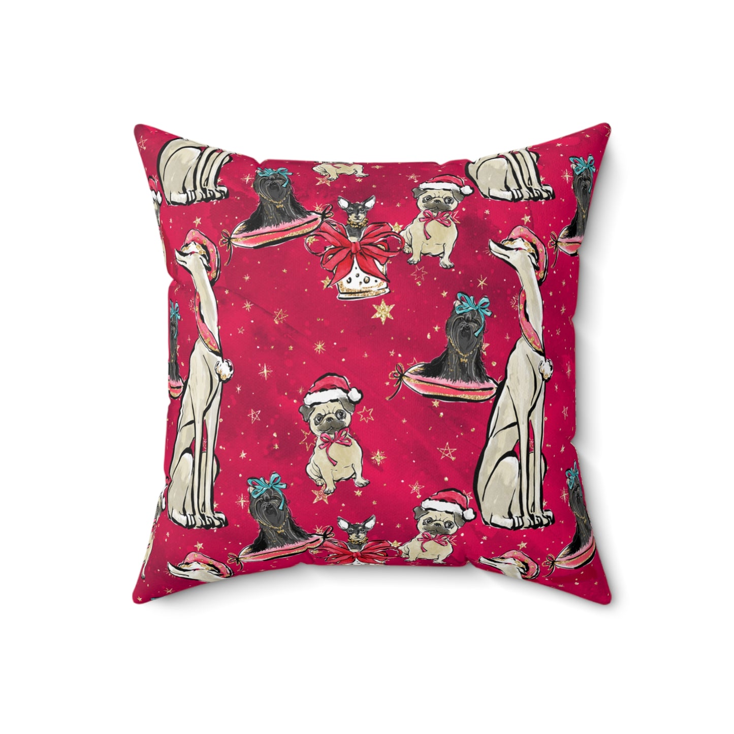 Spun Polyester Square Pillow, Red Doggie Blended Dog Family Christmas Cushion