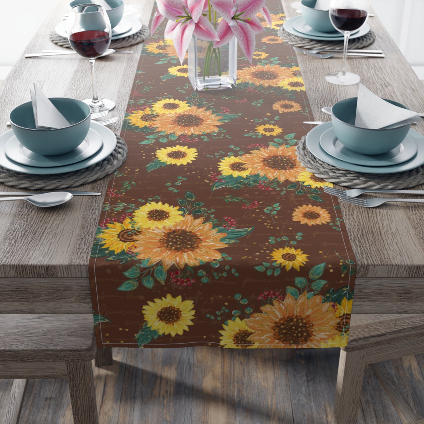 Sunflower Floral Table Runner, Cotton Twill and Poly Available, 2 sizes Available