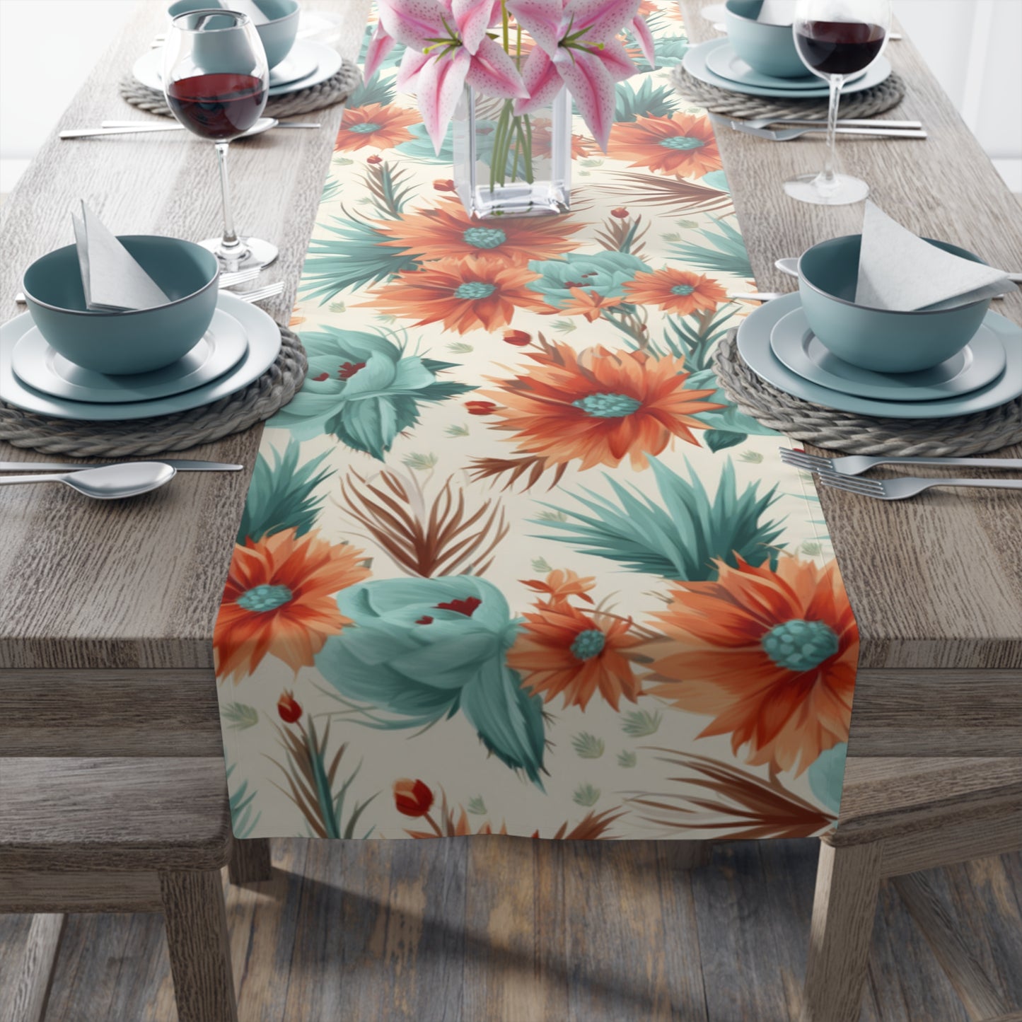 Boho Floral Table Runner, Cotton Twill and Poly Available