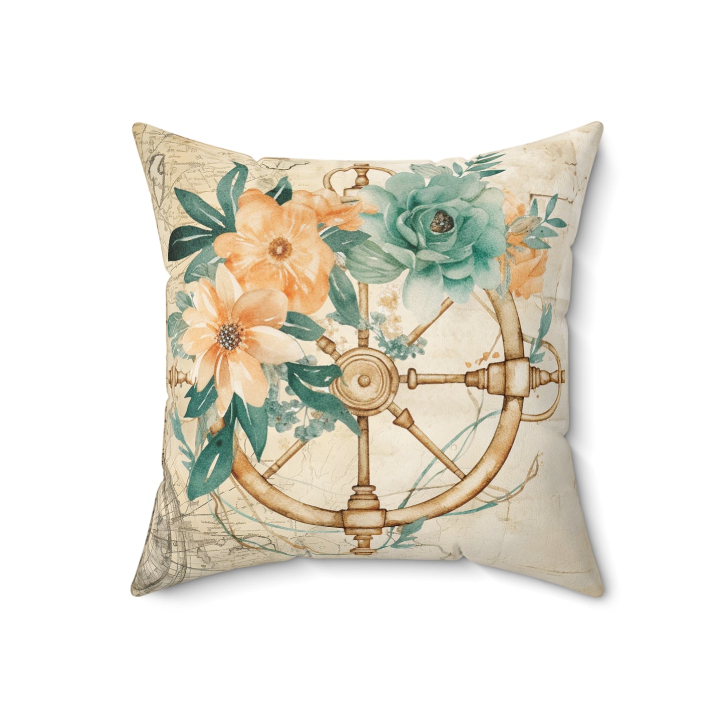 Nautical Polyester Square Cushion, Nautical cushion, Natural Ships Wheel