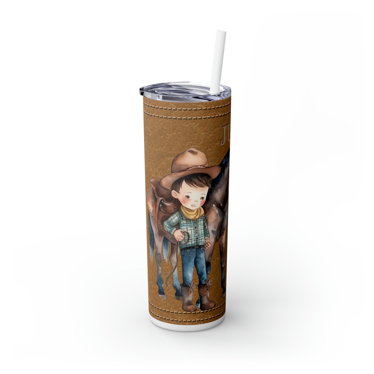 Skinny Tumbler with Straw, 20oz, Personalised, Horse and Boy, Western, Just a Boy Who Loves Horses