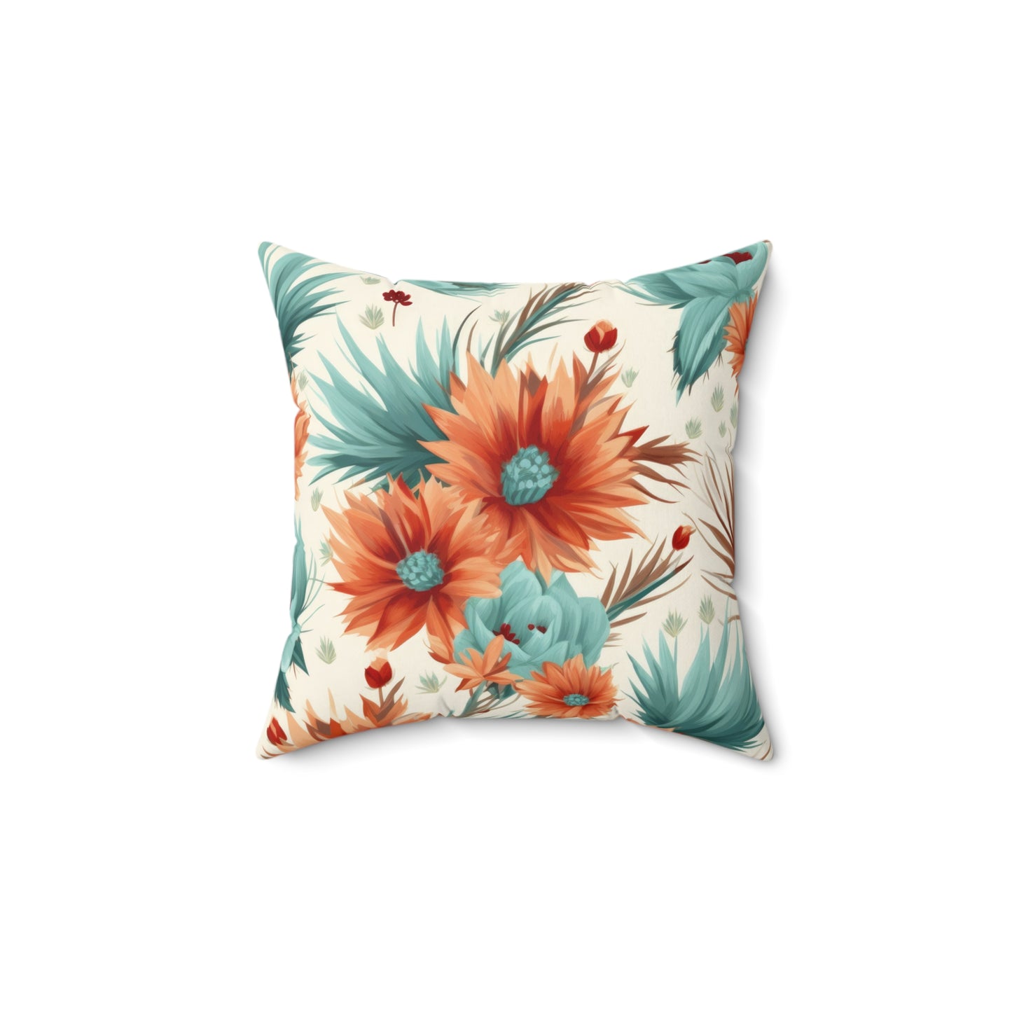 Spun Polyester Square Pillow, Bright Retro Boho Floral Cushion