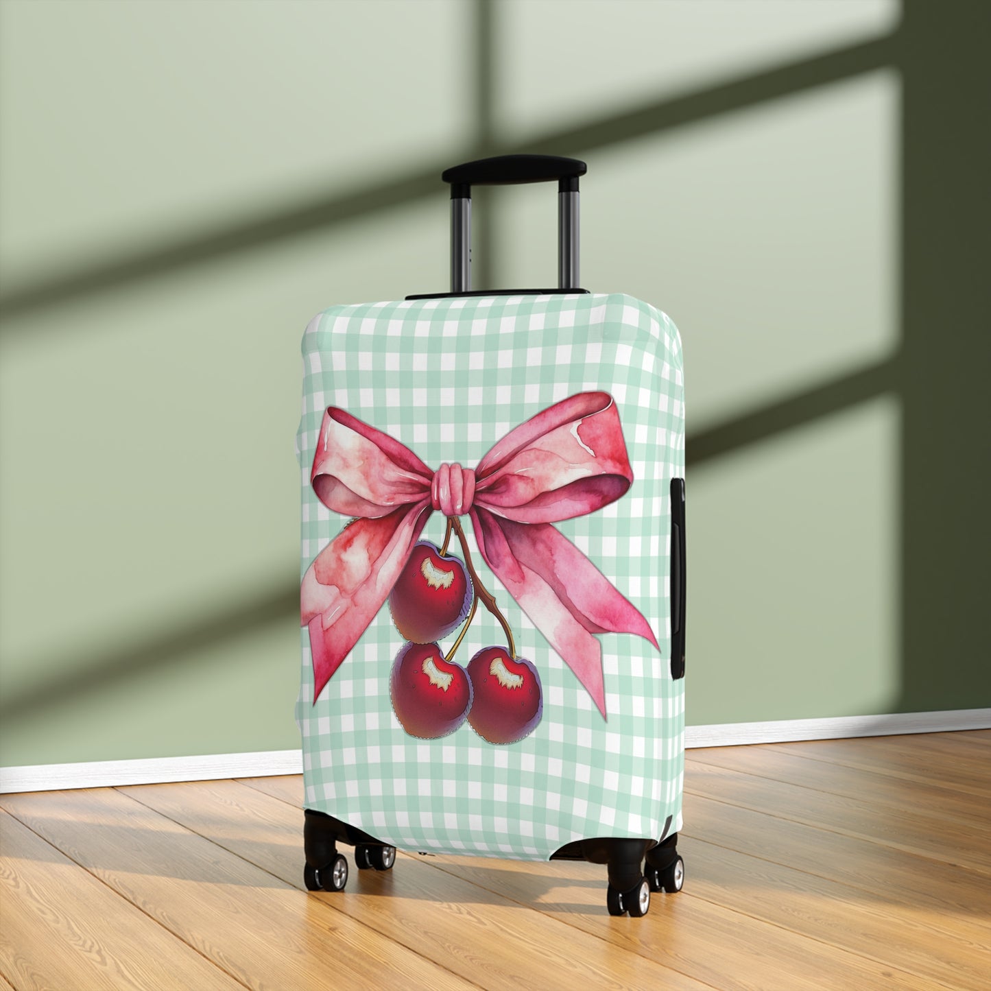 Luggage Cover, Rockabilly, Coquette, Pastel Green Gingham, Cherries and Ribbon, awd-2511