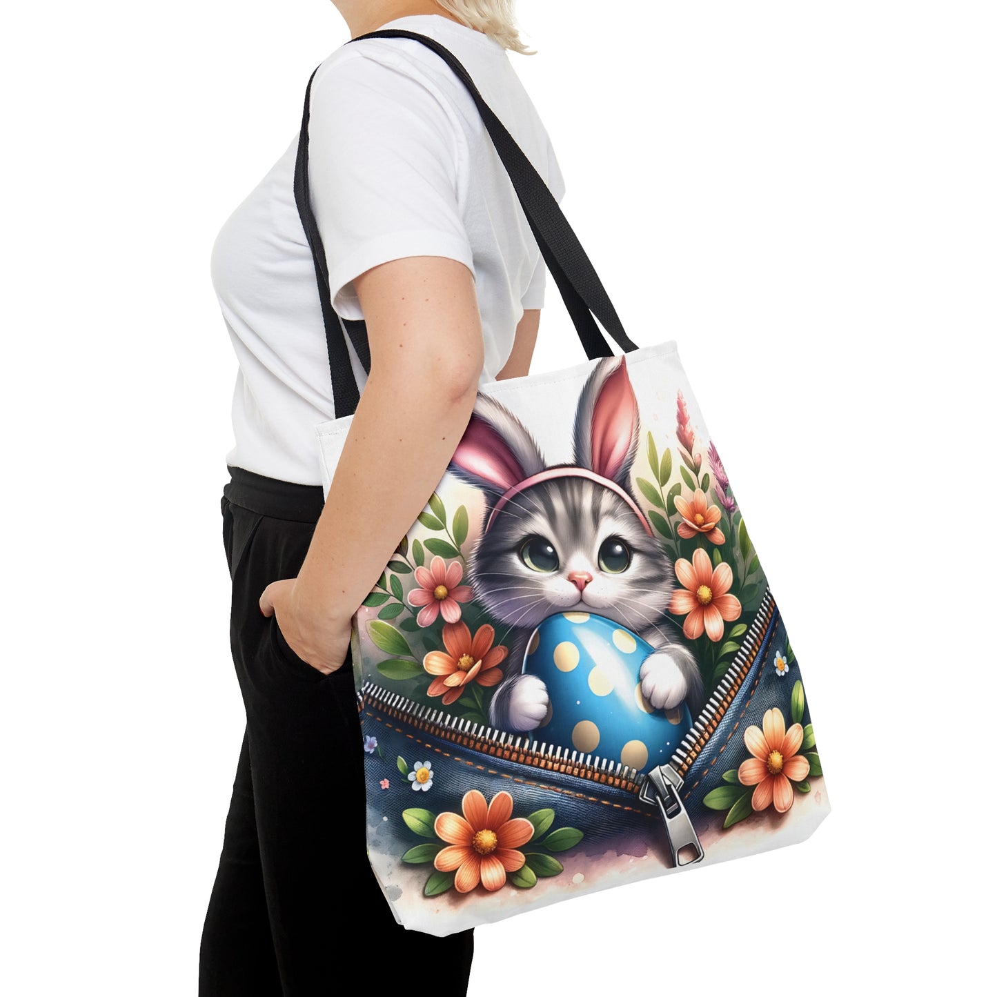 Tote Bag, Easter, Cute Cat with Bunny Ears, Personalised/Non-Personalised Tote bag