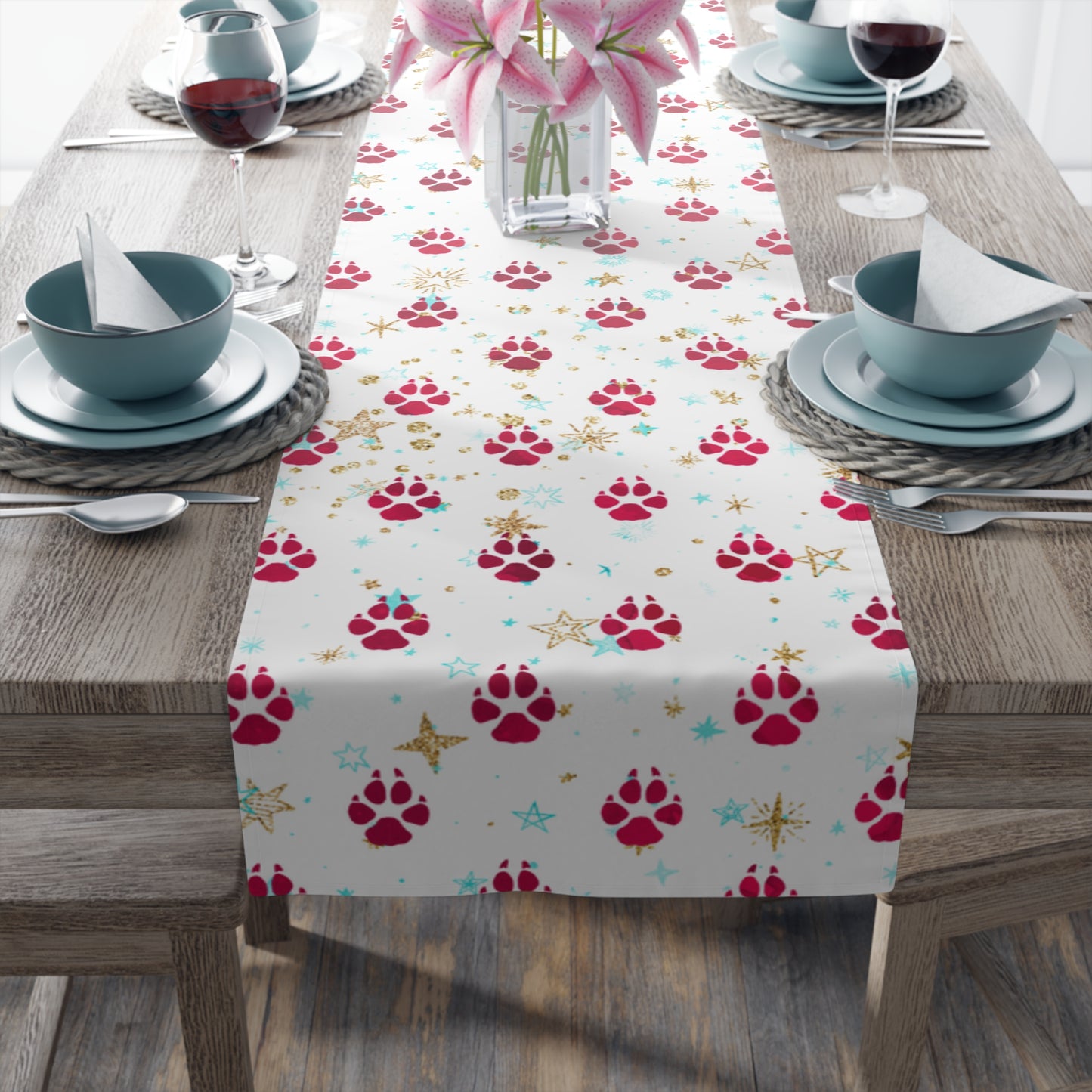 Doggie Paws Christmas Table Runner, Cotton Twill and Poly Available