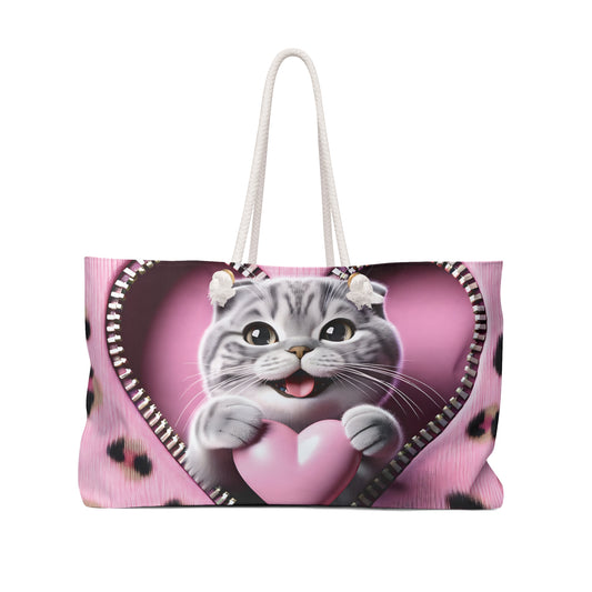 Personalised/Non-Personalised Weekender Bag, Cute Cat, Zipper, Valentines Day, Large Weekender Bag, Beach Bag, Book Bag