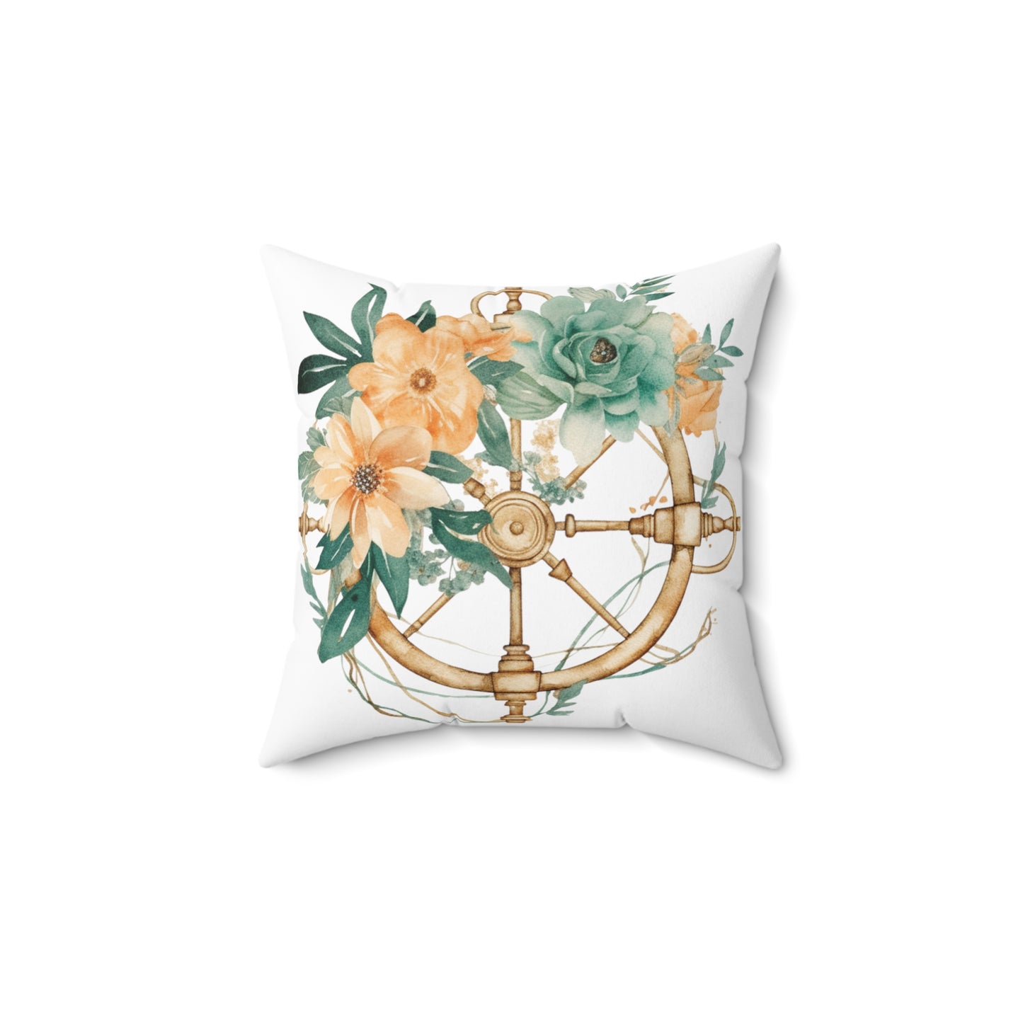 Nautical Polyester Square Cushion, Nautical cushion, Floral Ships Wheel