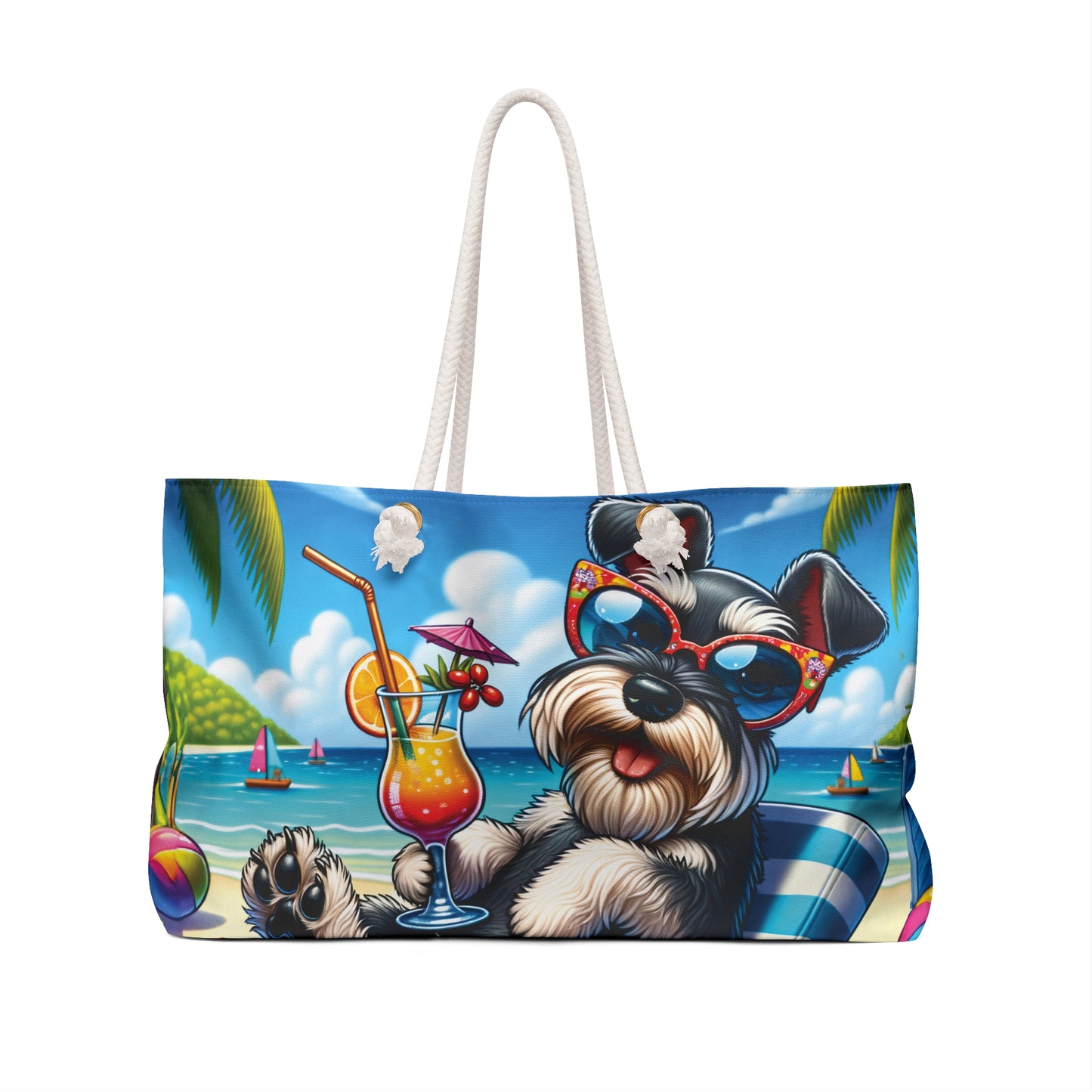 Personalised/Non-Personalised Weekender Bag, Summer Beach Dog, Miniature Schnauzer, Large Weekender Bag, Beach Bag, Book Bag