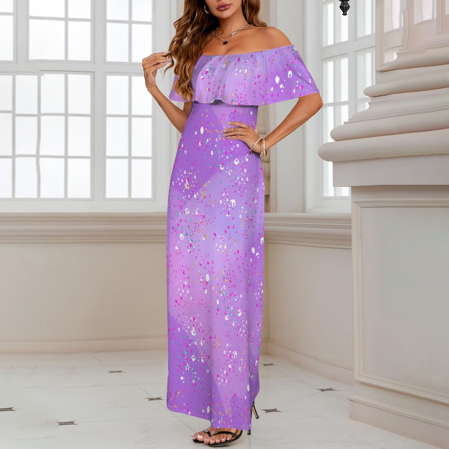 Purple Splash Women's Off Shoulder Ruffle Boat Neck Dress (Model D71)