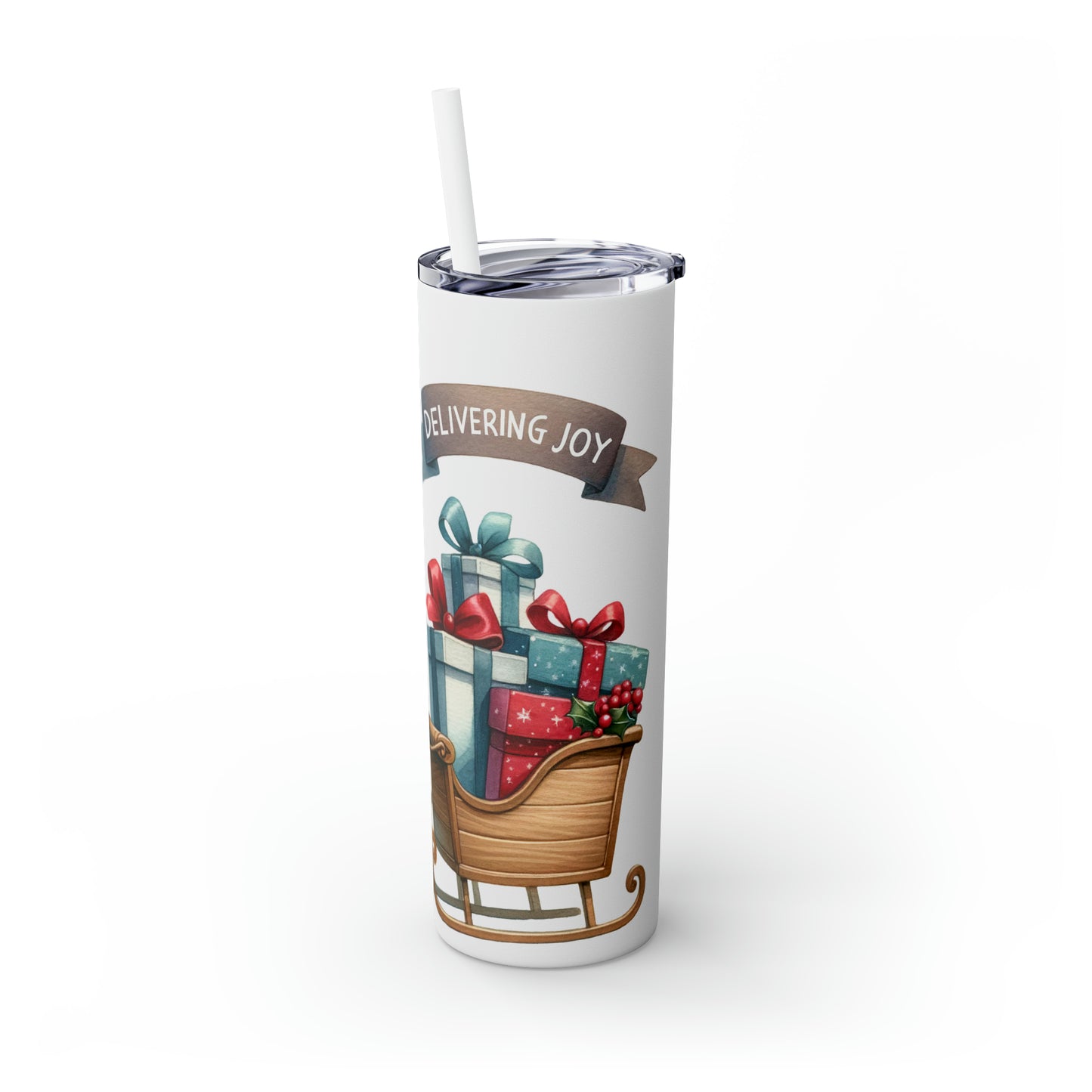 Skinny Tumbler with Straw, 20oz, Reindeer Sleigh