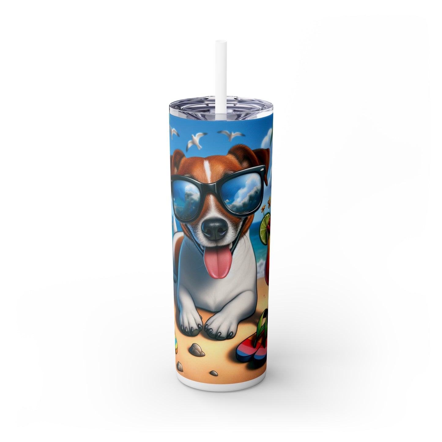 Skinny Tumbler with Straw, 20oz, Dog on Beach, Jack Russel. aed-1219