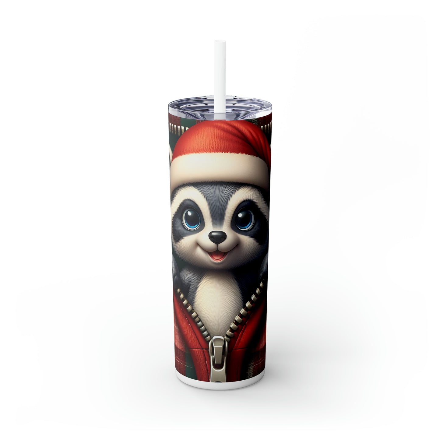 Skinny Tumbler with Straw, 20oz,  Racoon wearing Santa Hat, Zipper, awd-860