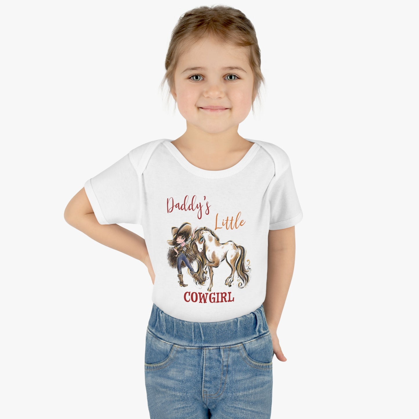 Infant Baby Rib Bodysuit, Daddy's Little Cowgirl baby Bodysuit, Cowboy Boots, Girl and Horse