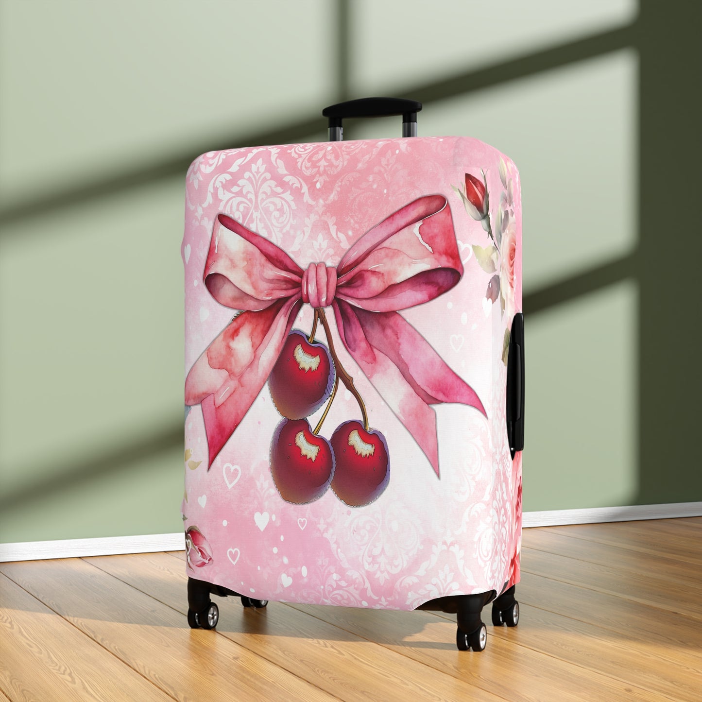 Luggage Cover, Rockabilly, Coquette, Pink Watercolour, Roses, Cherries and Ribbon, awd-2520