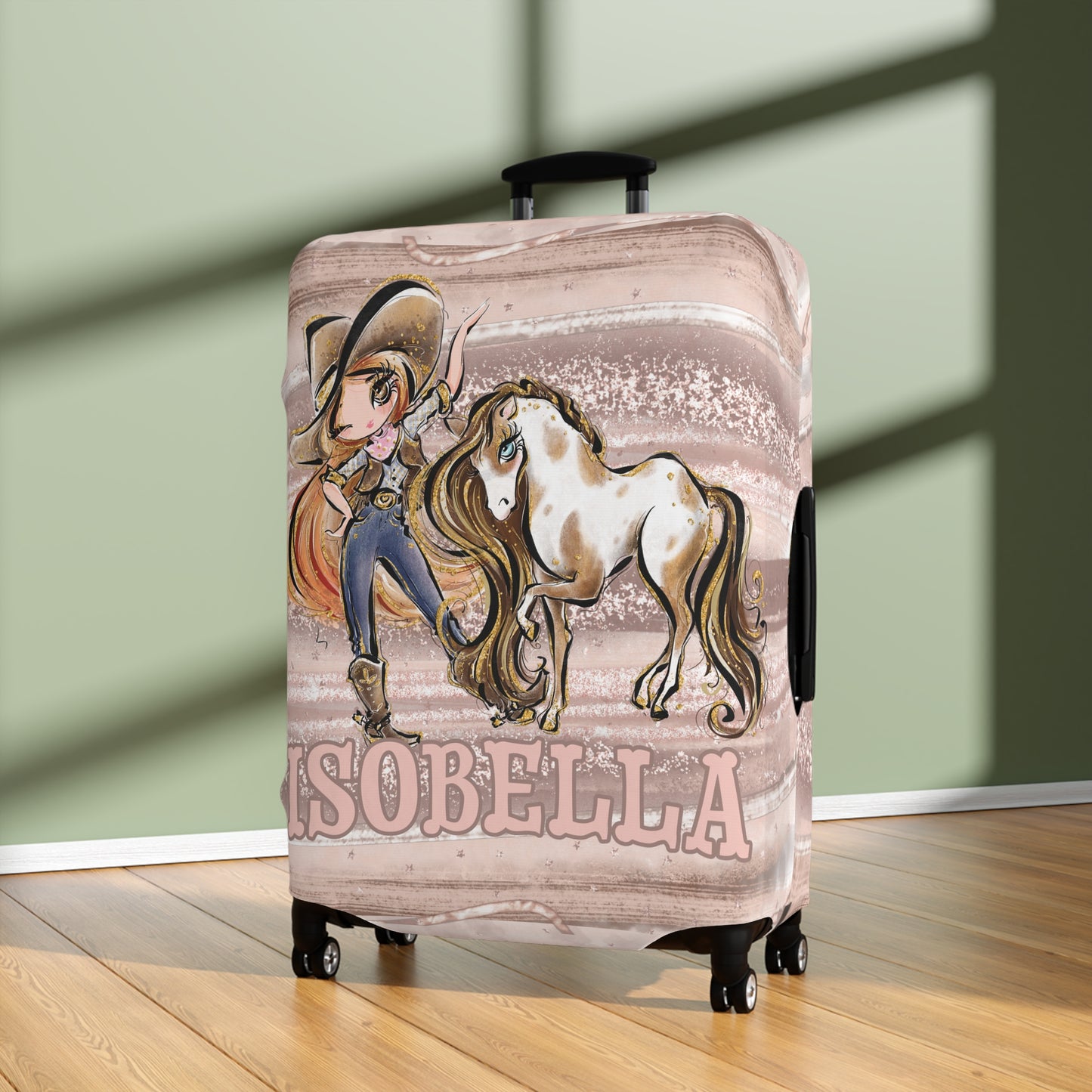 Luggage Cover, Howdy Cowgirl and Horse, Red Hair Brown Eyes