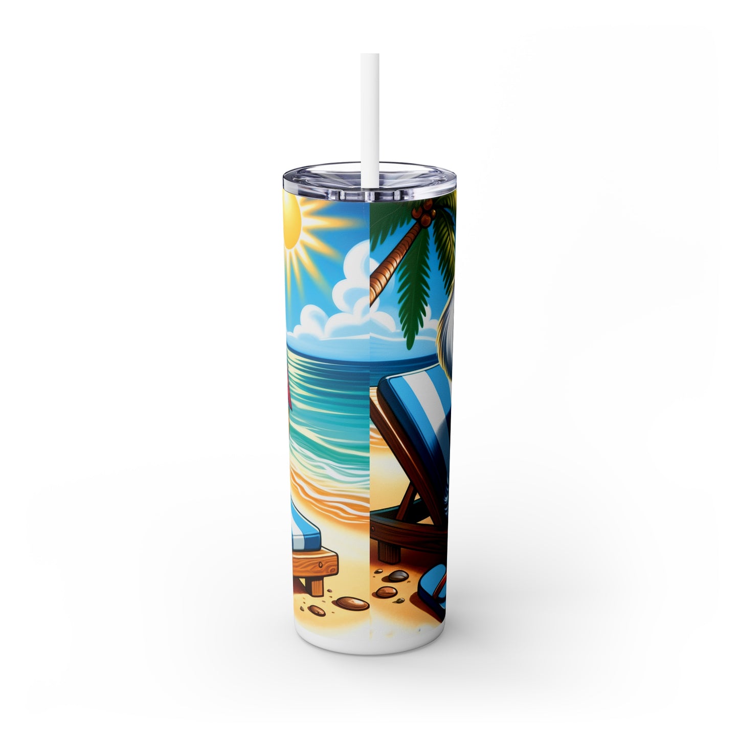 Skinny Tumbler with Straw, 20oz, Dog on Beach, Maltese, awd-1221